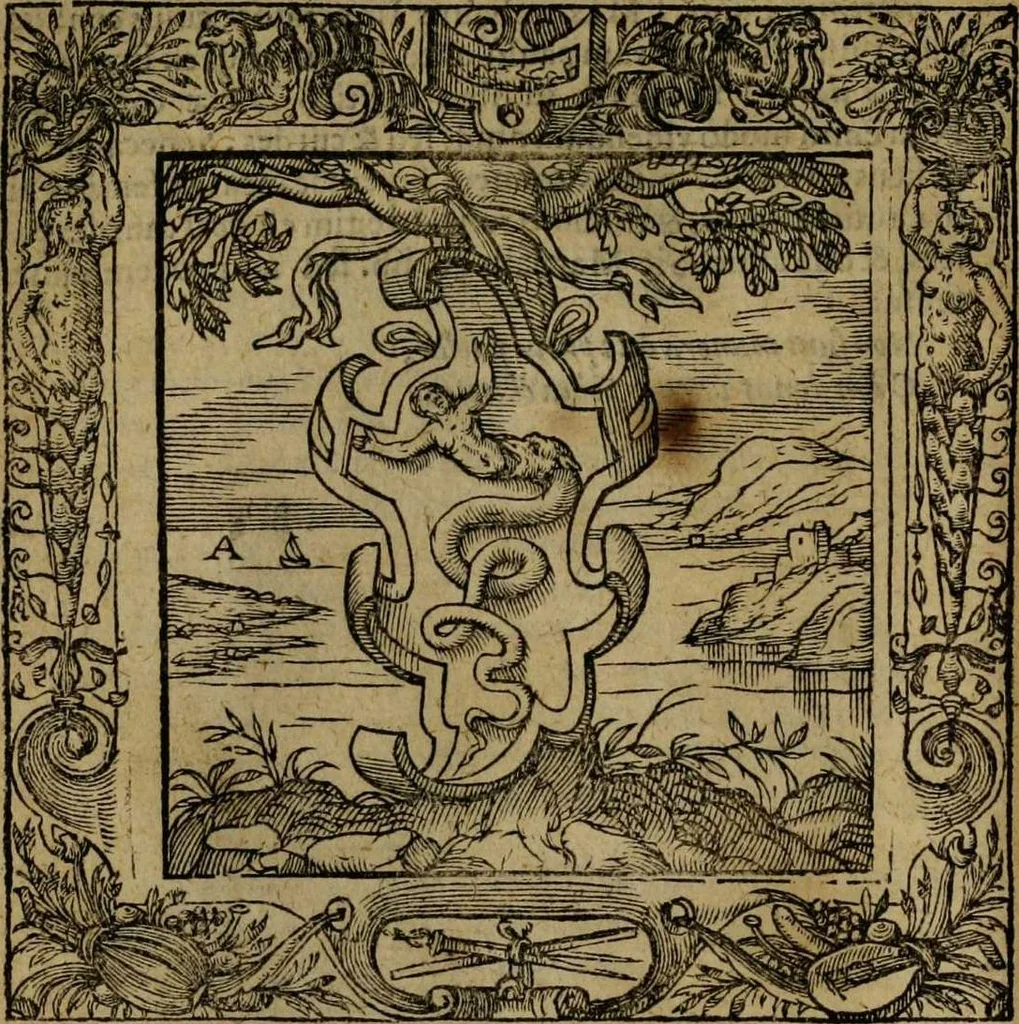 An illustration from Omnia Andreae Alciati v.c. emblemata [electronic resource]: cum commentariis, quibus emblematum omnium aperta origine, mens auctoris explicatur, & obscura omnia dubiáque illustrantur, 1581, leaf 46