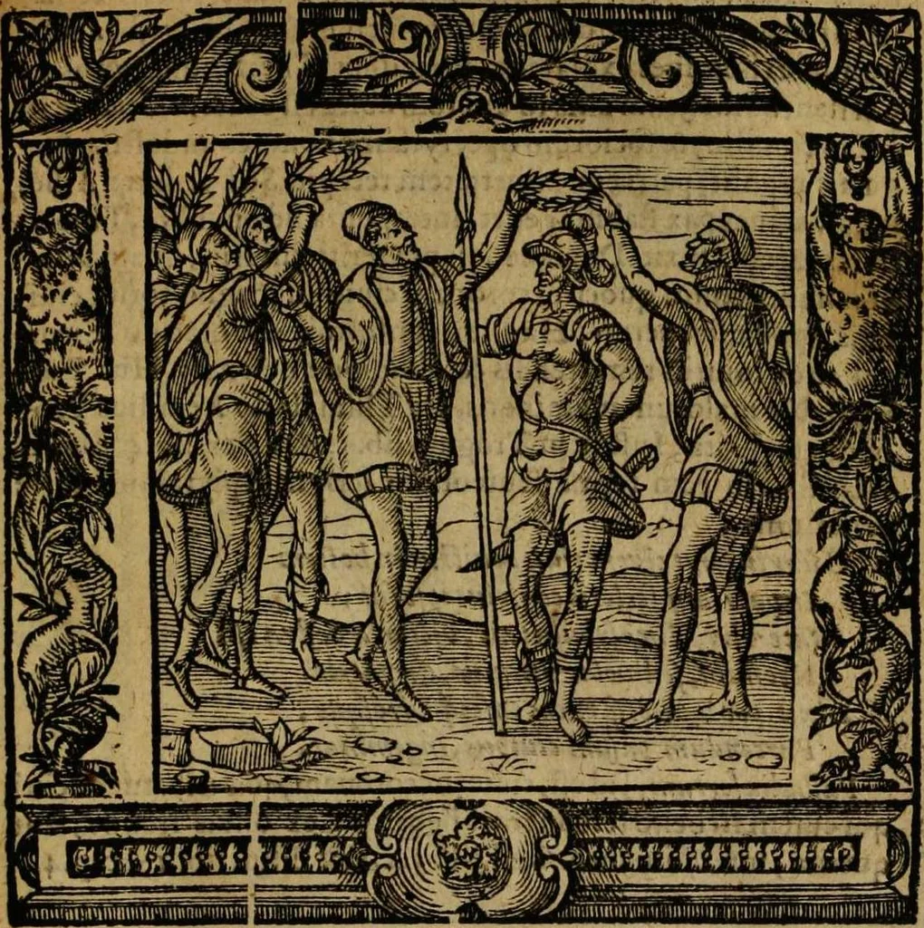 An illustration from Omnia Andreae Alciati v.c. emblemata [electronic resource]: cum commentariis, quibus emblematum omnium aperta origine, mens auctoris explicatur, & obscura omnia dubiáque illustrantur, 1581, leaf 507