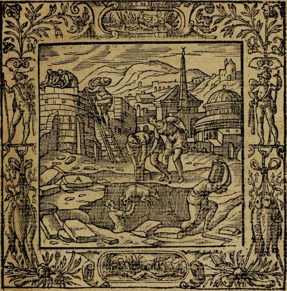 An illustration from Omnia Andreae Alciati v.c. emblemata [electronic resource]: cum commentariis, quibus emblematum omnium aperta origine, mens auctoris explicatur, & obscura omnia dubiáque illustrantur, 1581, leaf 53