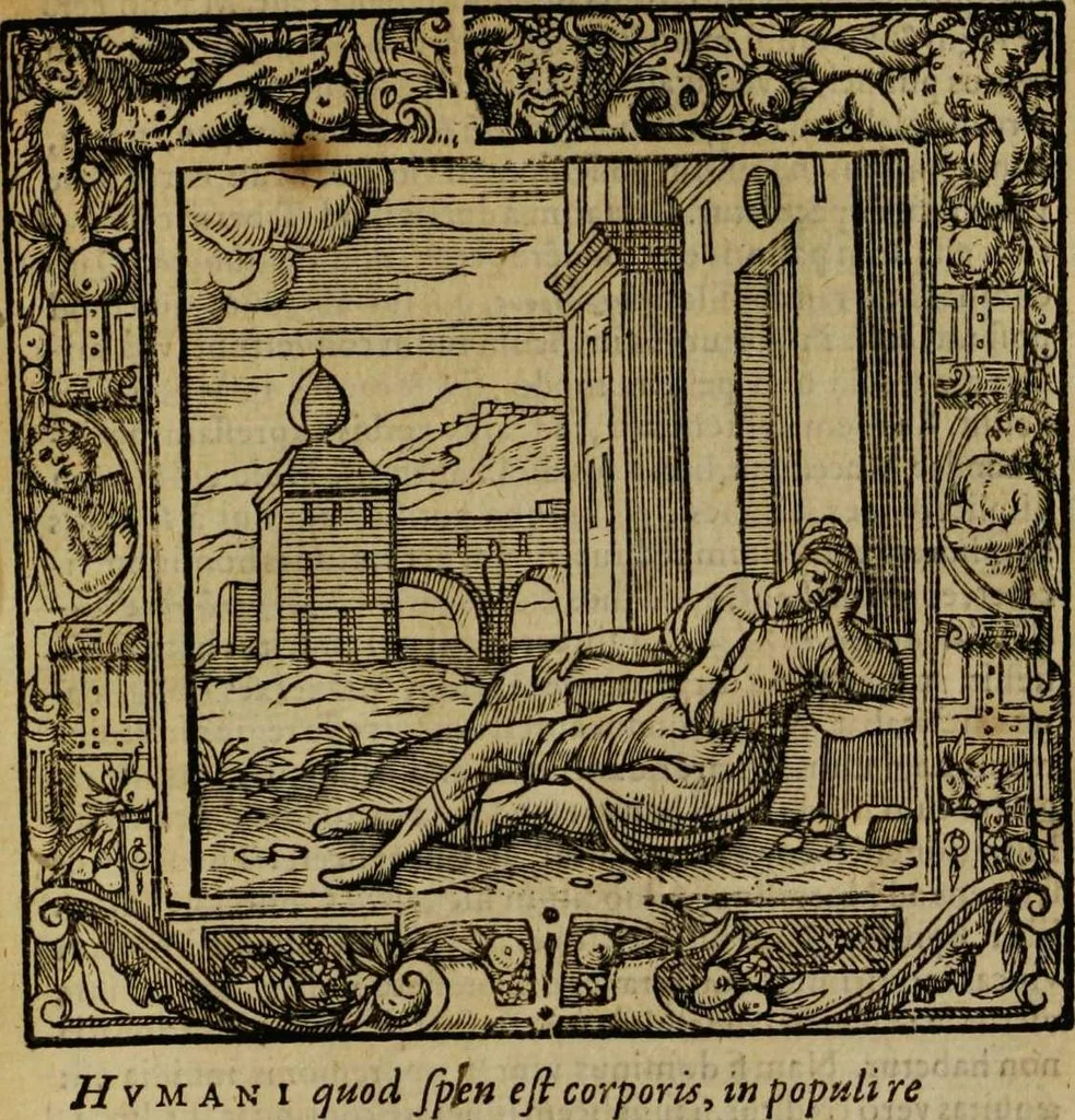 An illustration from Omnia Andreae Alciati v.c. emblemata [electronic resource]: cum commentariis, quibus emblematum omnium aperta origine, mens auctoris explicatur, & obscura omnia dubiáque illustrantur, 1581, leaf 549