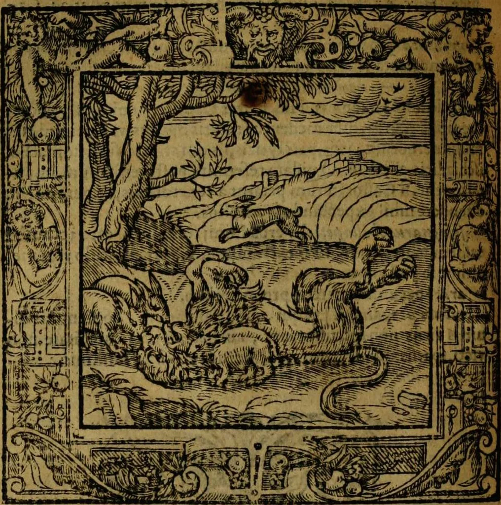 An illustration from Omnia Andreae Alciati v.c. emblemata [electronic resource]: cum commentariis, quibus emblematum omnium aperta origine, mens auctoris explicatur, & obscura omnia dubiáque illustrantur, 1581, leaf 568