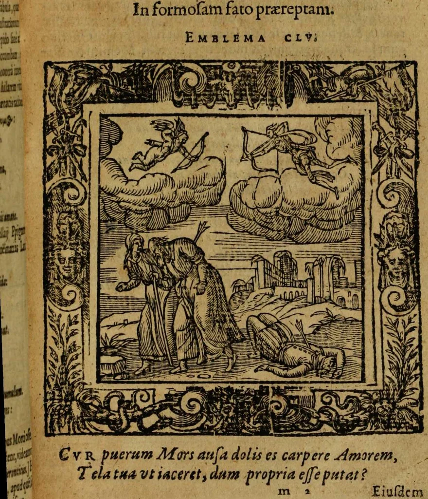 An illustration from Omnia Andreae Alciati v.c. emblemata [electronic resource]: cum commentariis, quibus emblematum omnium aperta origine, mens auctoris explicatur, & obscura omnia dubiáque illustrantur, 1581, leaf 573