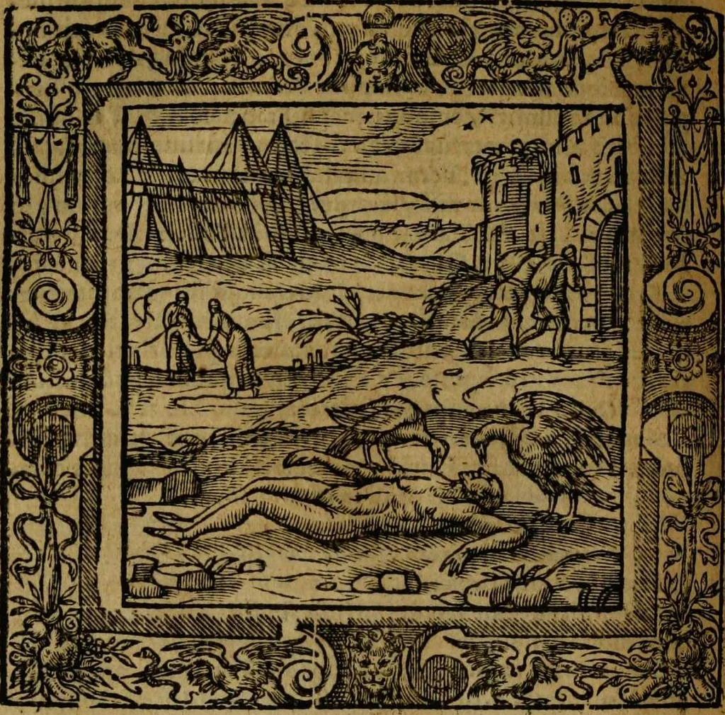 An illustration from Omnia Andreae Alciati v.c. emblemata [electronic resource]: cum commentariis, quibus emblematum omnium aperta origine, mens auctoris explicatur, & obscura omnia dubiáque illustrantur, 1581, leaf 580
