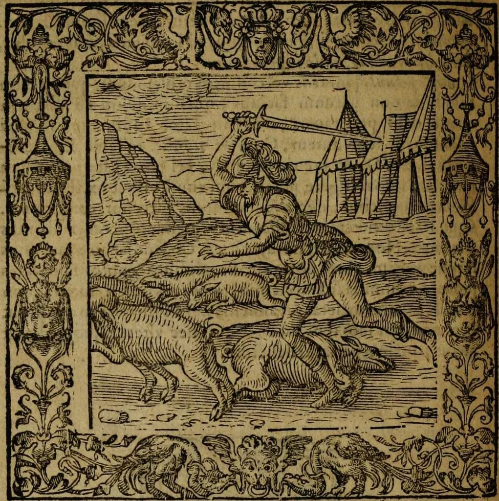 An illustration from Omnia Andreae Alciati v.c. emblemata [electronic resource]: cum commentariis, quibus emblematum omnium aperta origine, mens auctoris explicatur, & obscura omnia dubiáque illustrantur, 1581, leaf 628