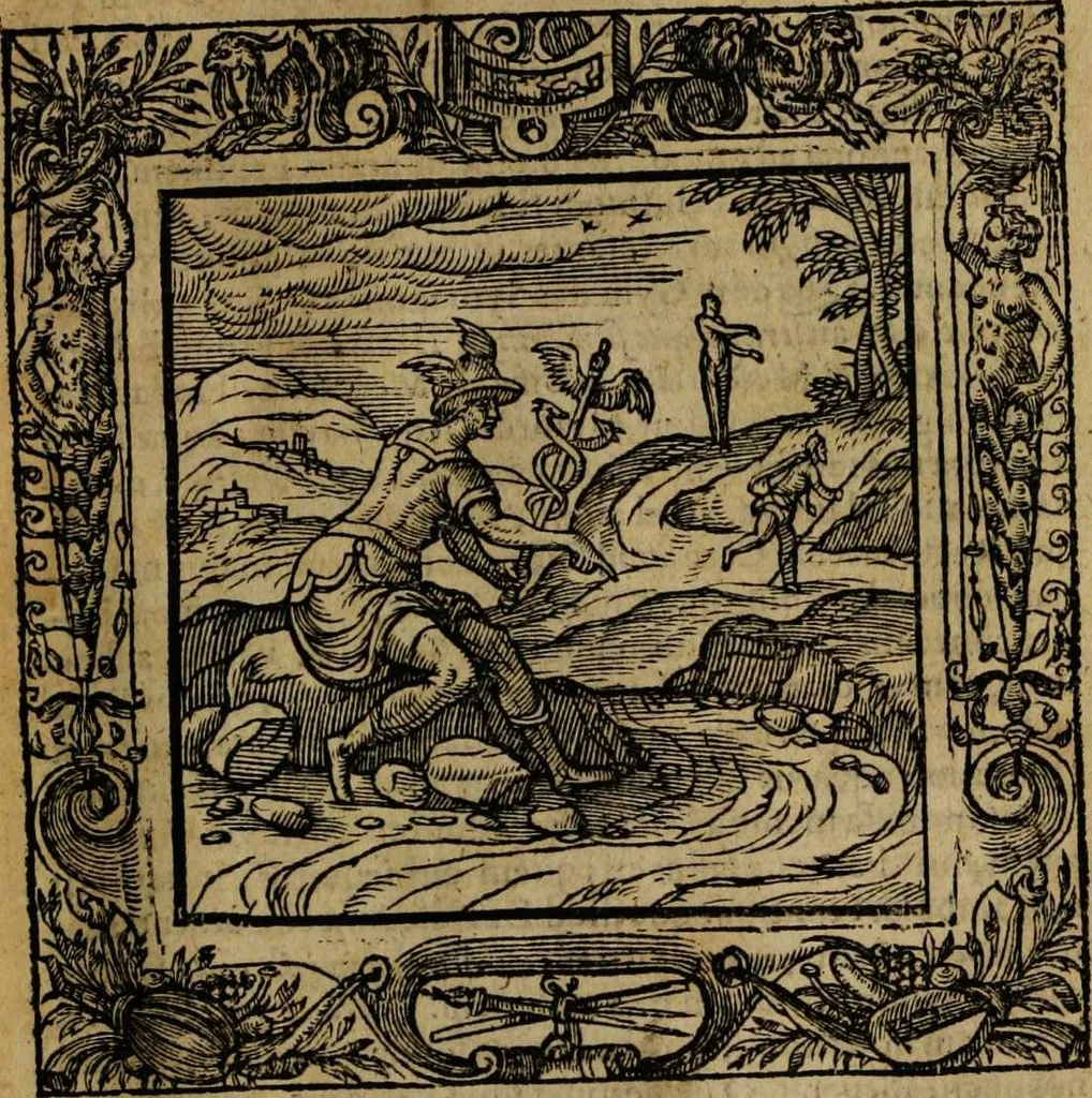 An illustration from Omnia Andreae Alciati v.c. emblemata [electronic resource]: cum commentariis, quibus emblematum omnium aperta origine, mens auctoris explicatur, & obscura omnia dubiáque illustrantur, 1581, leaf 77
