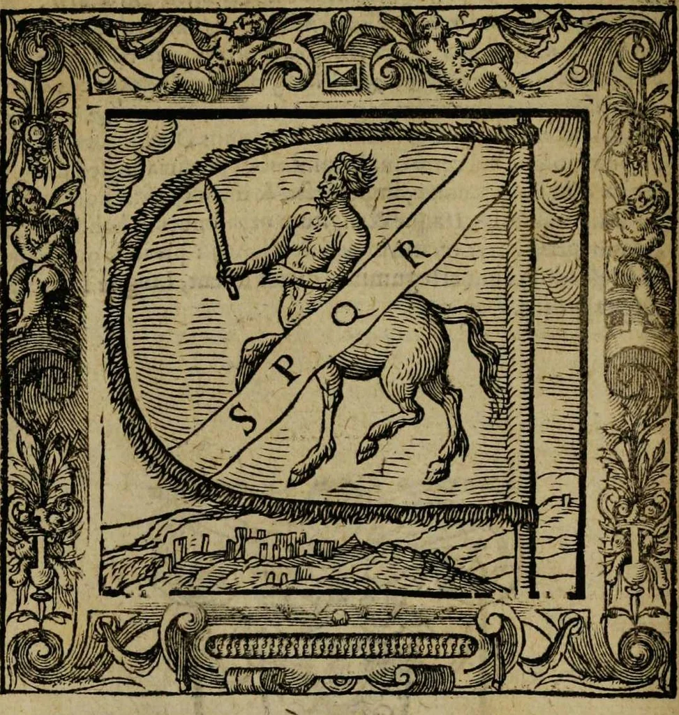 An illustration from Omnia Andreae Alciati v.c. emblemata [electronic resource]: cum commentariis, quibus emblematum omnium aperta origine, mens auctoris explicatur, & obscura omnia dubiáque illustrantur, 1581, leaf 94