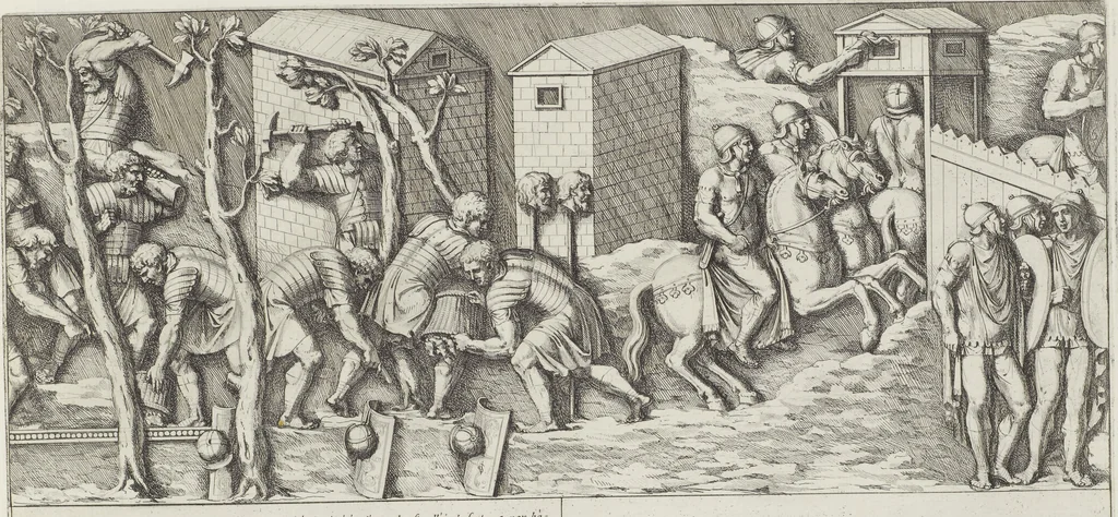 An illustration from Colonna Traiana eretta dal Senato, e popolo romano all'imperatore Traiano Avgvsto nel svo foro in Roma [electronic resource]: scolpita con l'historie della gverra dacica la prima e la seconda espeditione, e vittoria contro il re Decebalo, 1673, leaf 101