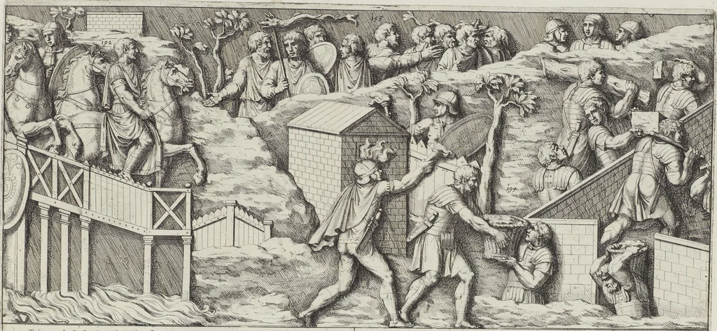 An illustration from Colonna Traiana eretta dal Senato, e popolo romano all'imperatore Traiano Avgvsto nel svo foro in Roma [electronic resource]: scolpita con l'historie della gverra dacica la prima e la seconda espeditione, e vittoria contro il re Decebalo, 1673, leaf 103