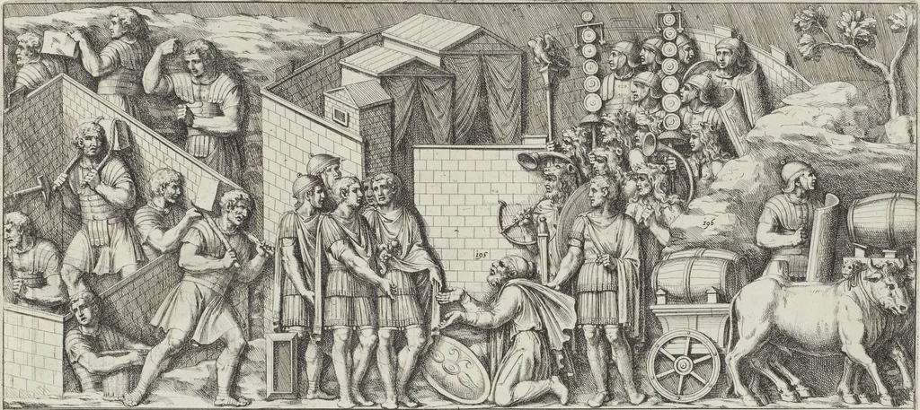 An illustration from Colonna Traiana eretta dal Senato, e popolo romano all'imperatore Traiano Avgvsto nel svo foro in Roma [electronic resource]: scolpita con l'historie della gverra dacica la prima e la seconda espeditione, e vittoria contro il re Decebalo, 1673, leaf 105