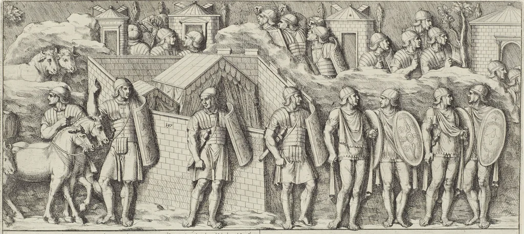 An illustration from Colonna Traiana eretta dal Senato, e popolo romano all'imperatore Traiano Avgvsto nel svo foro in Roma [electronic resource]: scolpita con l'historie della gverra dacica la prima e la seconda espeditione, e vittoria contro il re Decebalo, 1673, leaf 107