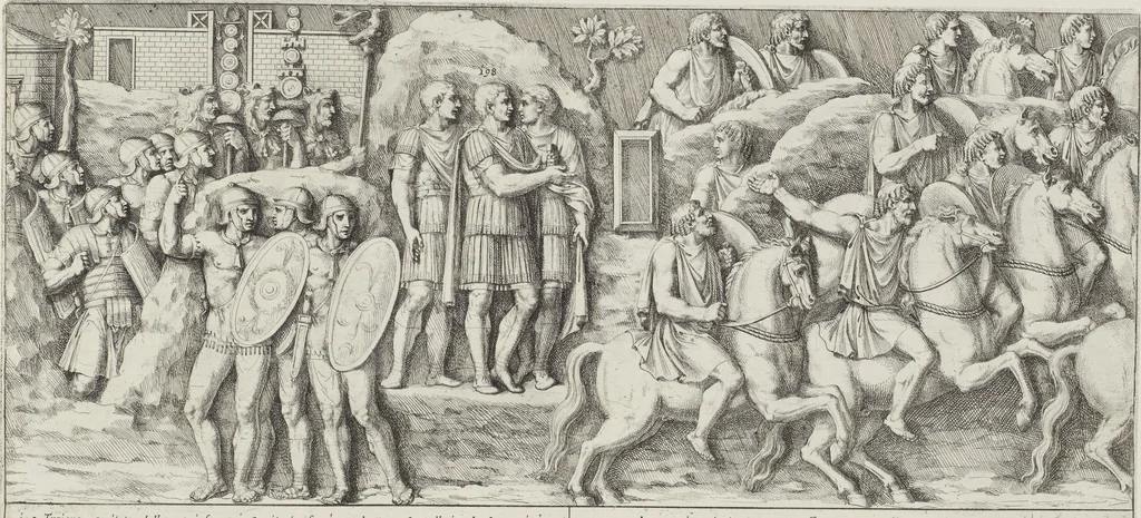 An illustration from Colonna Traiana eretta dal Senato, e popolo romano all'imperatore Traiano Avgvsto nel svo foro in Roma [electronic resource]: scolpita con l'historie della gverra dacica la prima e la seconda espeditione, e vittoria contro il re Decebalo, 1673, leaf 109