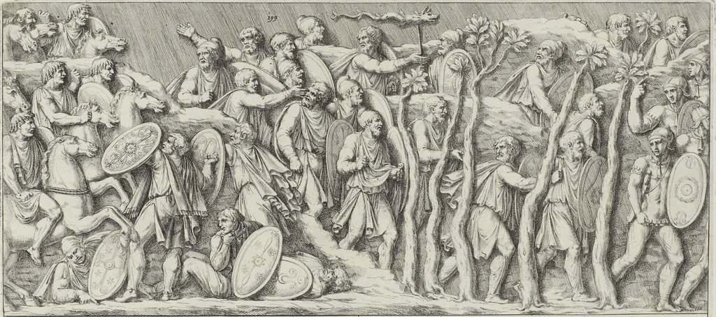 An illustration from Colonna Traiana eretta dal Senato, e popolo romano all'imperatore Traiano Avgvsto nel svo foro in Roma [electronic resource]: scolpita con l'historie della gverra dacica la prima e la seconda espeditione, e vittoria contro il re Decebalo, 1673, leaf 111