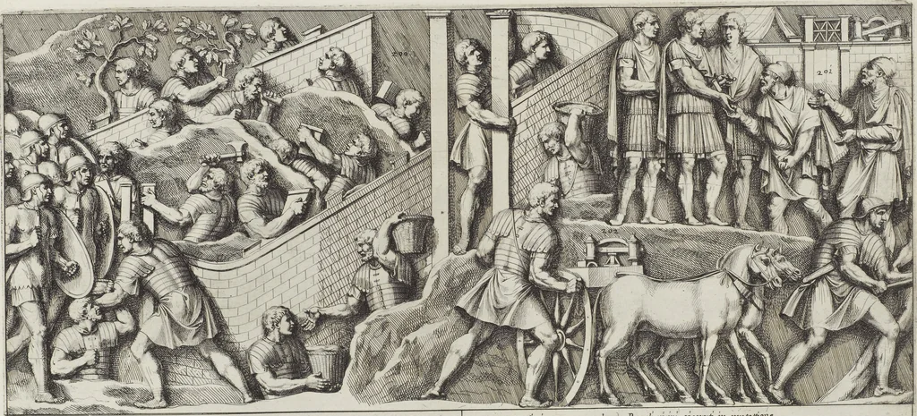 An illustration from Colonna Traiana eretta dal Senato, e popolo romano all'imperatore Traiano Avgvsto nel svo foro in Roma [electronic resource]: scolpita con l'historie della gverra dacica la prima e la seconda espeditione, e vittoria contro il re Decebalo, 1673, leaf 113