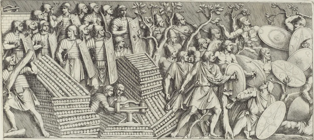 An illustration from Colonna Traiana eretta dal Senato, e popolo romano all'imperatore Traiano Avgvsto nel svo foro in Roma [electronic resource]: scolpita con l'historie della gverra dacica la prima e la seconda espeditione, e vittoria contro il re Decebalo, 1673, leaf 115