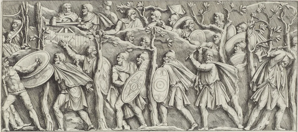 An illustration from Colonna Traiana eretta dal Senato, e popolo romano all'imperatore Traiano Avgvsto nel svo foro in Roma [electronic resource]: scolpita con l'historie della gverra dacica la prima e la seconda espeditione, e vittoria contro il re Decebalo, 1673, leaf 117