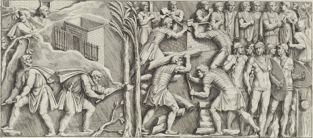 An illustration from Colonna Traiana eretta dal Senato, e popolo romano all'imperatore Traiano Avgvsto nel svo foro in Roma [electronic resource]: scolpita con l'historie della gverra dacica la prima e la seconda espeditione, e vittoria contro il re Decebalo, 1673, leaf 119