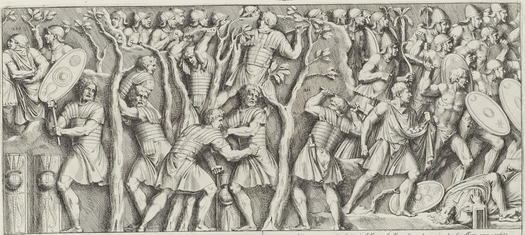 An illustration from Colonna Traiana eretta dal Senato, e popolo romano all'imperatore Traiano Avgvsto nel svo foro in Roma [electronic resource]: scolpita con l'historie della gverra dacica la prima e la seconda espeditione, e vittoria contro il re Decebalo, 1673, leaf 121