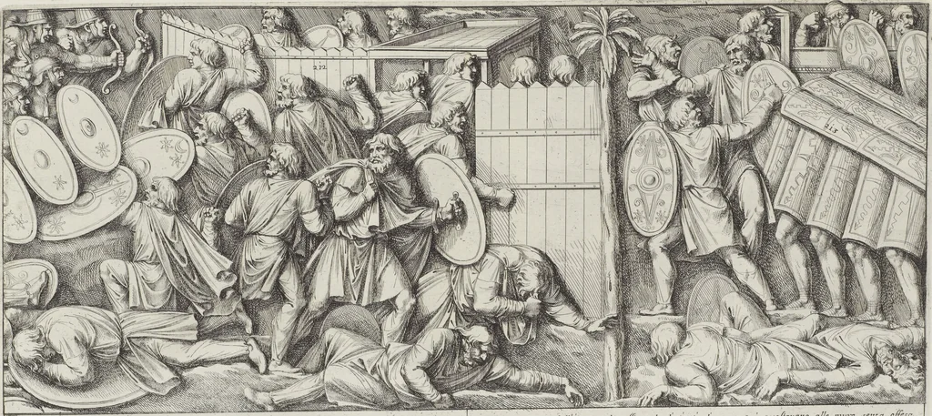 An illustration from Colonna Traiana eretta dal Senato, e popolo romano all'imperatore Traiano Avgvsto nel svo foro in Roma [electronic resource]: scolpita con l'historie della gverra dacica la prima e la seconda espeditione, e vittoria contro il re Decebalo, 1673, leaf 123