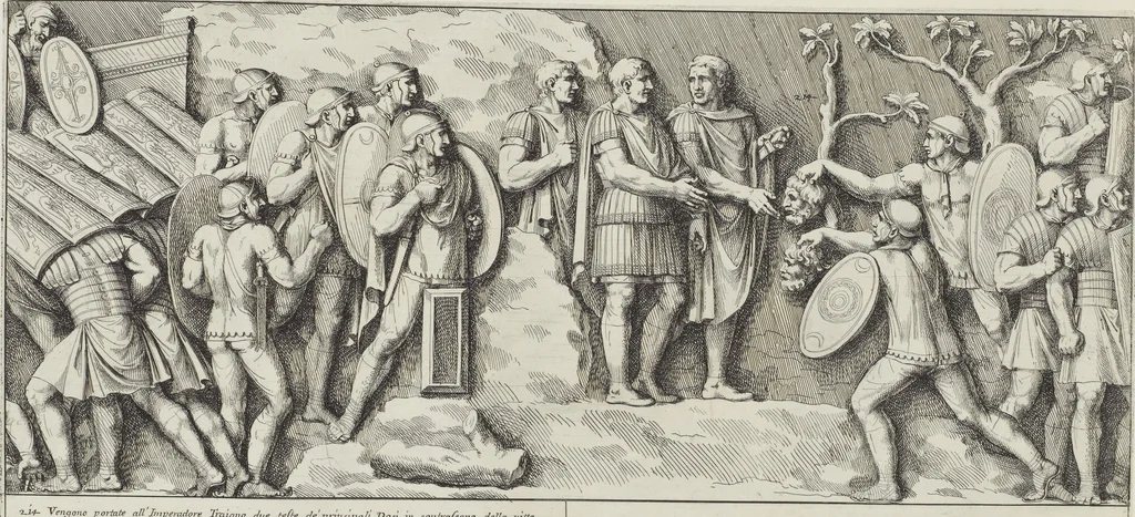 An illustration from Colonna Traiana eretta dal Senato, e popolo romano all'imperatore Traiano Avgvsto nel svo foro in Roma [electronic resource]: scolpita con l'historie della gverra dacica la prima e la seconda espeditione, e vittoria contro il re Decebalo, 1673, leaf 125