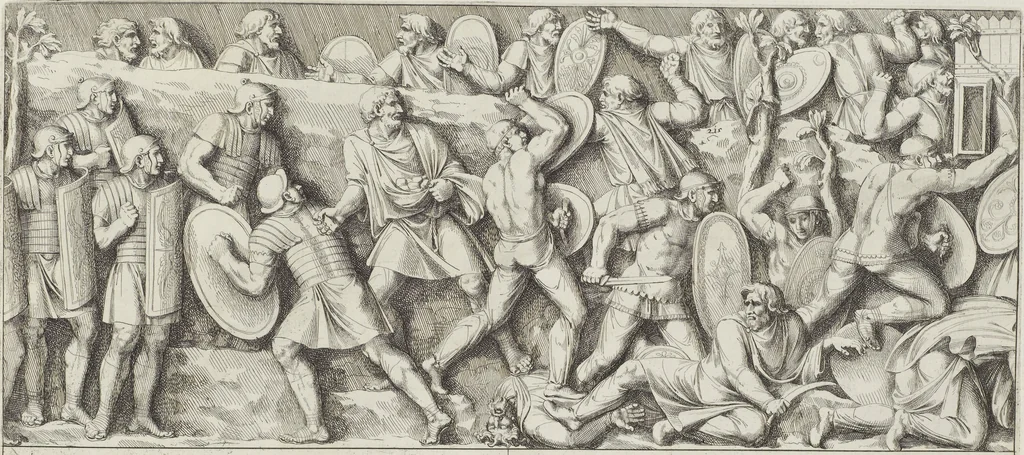 An illustration from Colonna Traiana eretta dal Senato, e popolo romano all'imperatore Traiano Avgvsto nel svo foro in Roma [electronic resource]: scolpita con l'historie della gverra dacica la prima e la seconda espeditione, e vittoria contro il re Decebalo, 1673, leaf 127