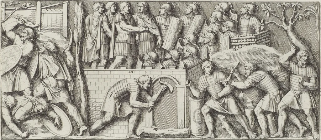 An illustration from Colonna Traiana eretta dal Senato, e popolo romano all'imperatore Traiano Avgvsto nel svo foro in Roma [electronic resource]: scolpita con l'historie della gverra dacica la prima e la seconda espeditione, e vittoria contro il re Decebalo, 1673, leaf 129