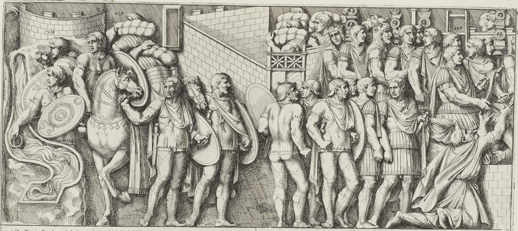 An illustration from Colonna Traiana eretta dal Senato, e popolo romano all'imperatore Traiano Avgvsto nel svo foro in Roma [electronic resource]: scolpita con l'historie della gverra dacica la prima e la seconda espeditione, e vittoria contro il re Decebalo, 1673, leaf 131