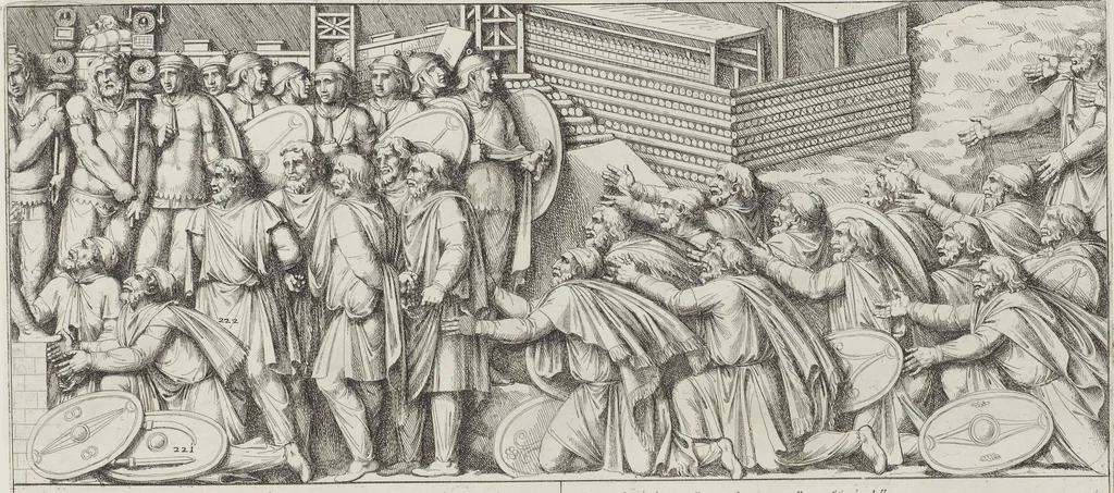 An illustration from Colonna Traiana eretta dal Senato, e popolo romano all'imperatore Traiano Avgvsto nel svo foro in Roma [electronic resource]: scolpita con l'historie della gverra dacica la prima e la seconda espeditione, e vittoria contro il re Decebalo, 1673, leaf 133
