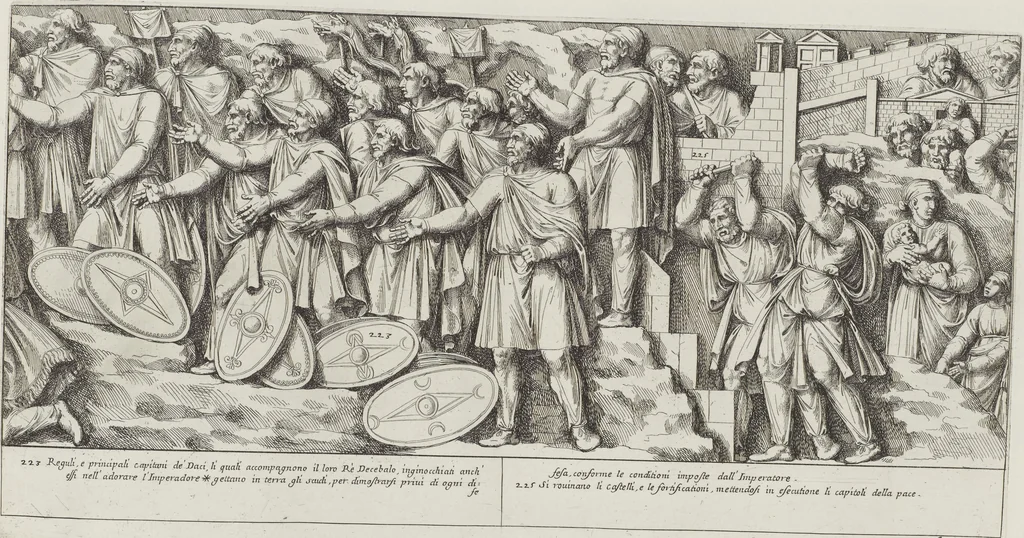 An illustration from Colonna Traiana eretta dal Senato, e popolo romano all'imperatore Traiano Avgvsto nel svo foro in Roma [electronic resource]: scolpita con l'historie della gverra dacica la prima e la seconda espeditione, e vittoria contro il re Decebalo, 1673, leaf 135