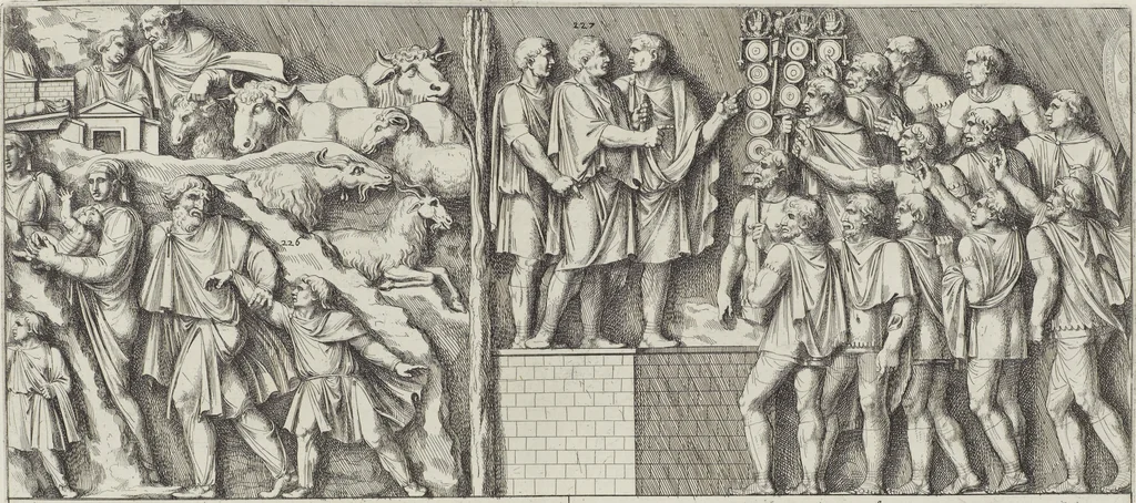 An illustration from Colonna Traiana eretta dal Senato, e popolo romano all'imperatore Traiano Avgvsto nel svo foro in Roma [electronic resource]: scolpita con l'historie della gverra dacica la prima e la seconda espeditione, e vittoria contro il re Decebalo, 1673, leaf 137