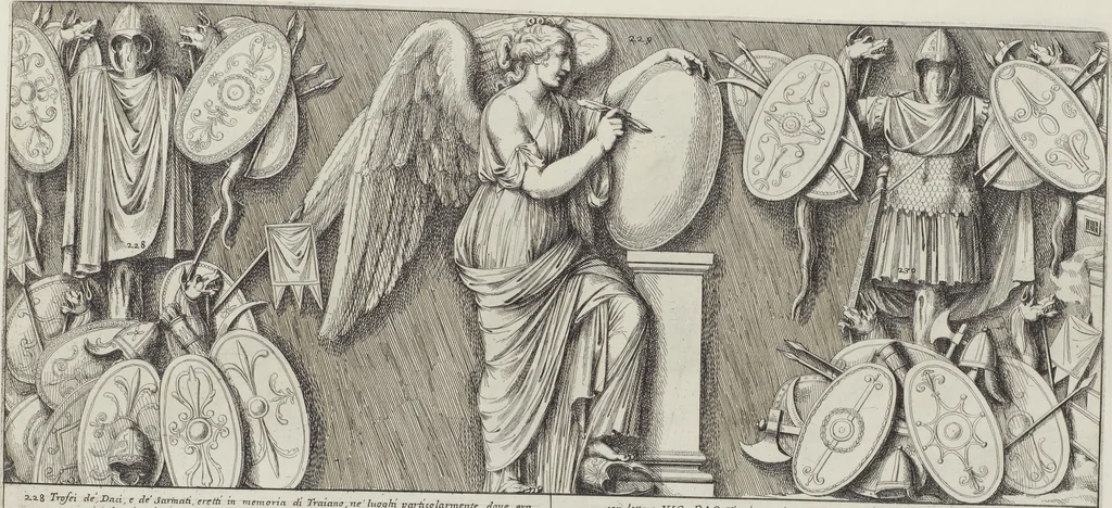 An illustration from Colonna Traiana eretta dal Senato, e popolo romano all'imperatore Traiano Avgvsto nel svo foro in Roma [electronic resource]: scolpita con l'historie della gverra dacica la prima e la seconda espeditione, e vittoria contro il re Decebalo, 1673, leaf 139