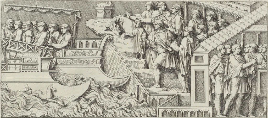 An illustration from Colonna Traiana eretta dal Senato, e popolo romano all'imperatore Traiano Avgvsto nel svo foro in Roma [electronic resource]: scolpita con l'historie della gverra dacica la prima e la seconda espeditione, e vittoria contro il re Decebalo, 1673, leaf 143
