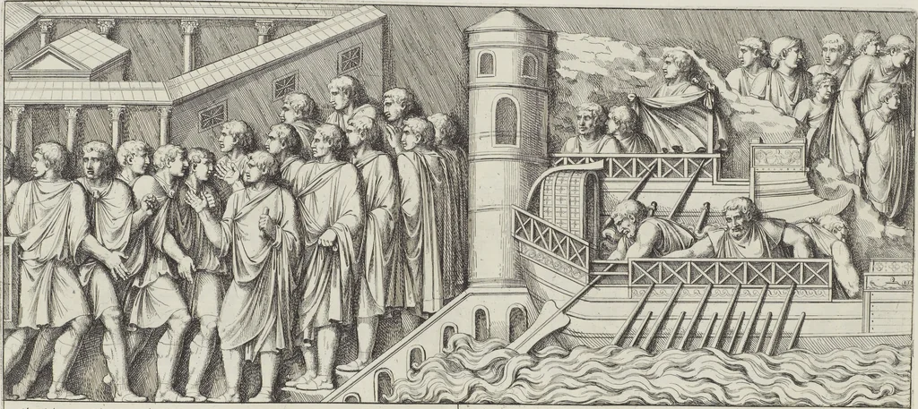 An illustration from Colonna Traiana eretta dal Senato, e popolo romano all'imperatore Traiano Avgvsto nel svo foro in Roma [electronic resource]: scolpita con l'historie della gverra dacica la prima e la seconda espeditione, e vittoria contro il re Decebalo, 1673, leaf 145