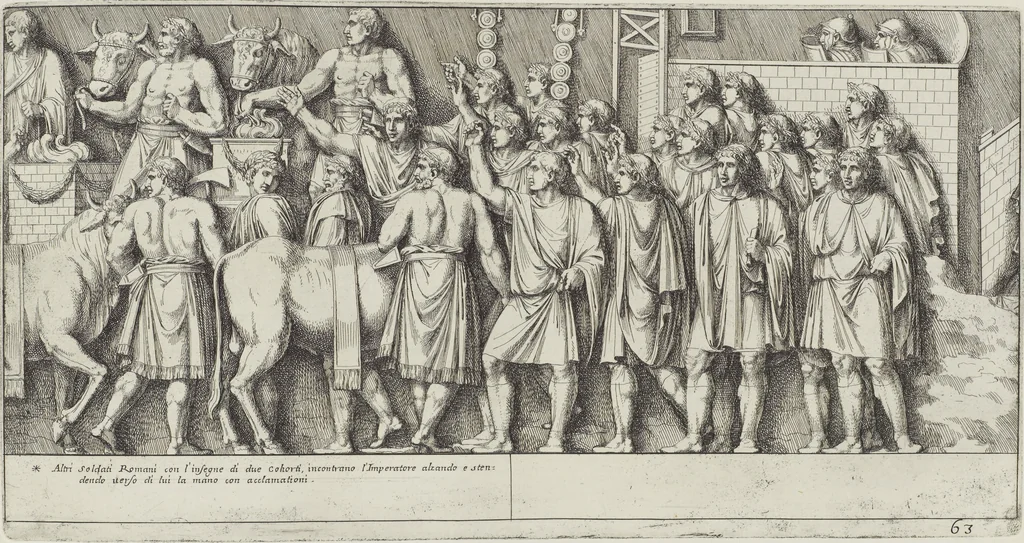 An illustration from Colonna Traiana eretta dal Senato, e popolo romano all'imperatore Traiano Avgvsto nel svo foro in Roma [electronic resource]: scolpita con l'historie della gverra dacica la prima e la seconda espeditione, e vittoria contro il re Decebalo, 1673, leaf 149