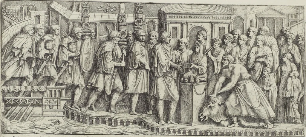 An illustration from Colonna Traiana eretta dal Senato, e popolo romano all'imperatore Traiano Avgvsto nel svo foro in Roma [electronic resource]: scolpita con l'historie della gverra dacica la prima e la seconda espeditione, e vittoria contro il re Decebalo, 1673, leaf 151