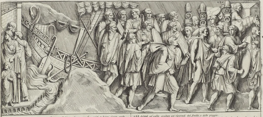 An illustration from Colonna Traiana eretta dal Senato, e popolo romano all'imperatore Traiano Avgvsto nel svo foro in Roma [electronic resource]: scolpita con l'historie della gverra dacica la prima e la seconda espeditione, e vittoria contro il re Decebalo, 1673, leaf 153