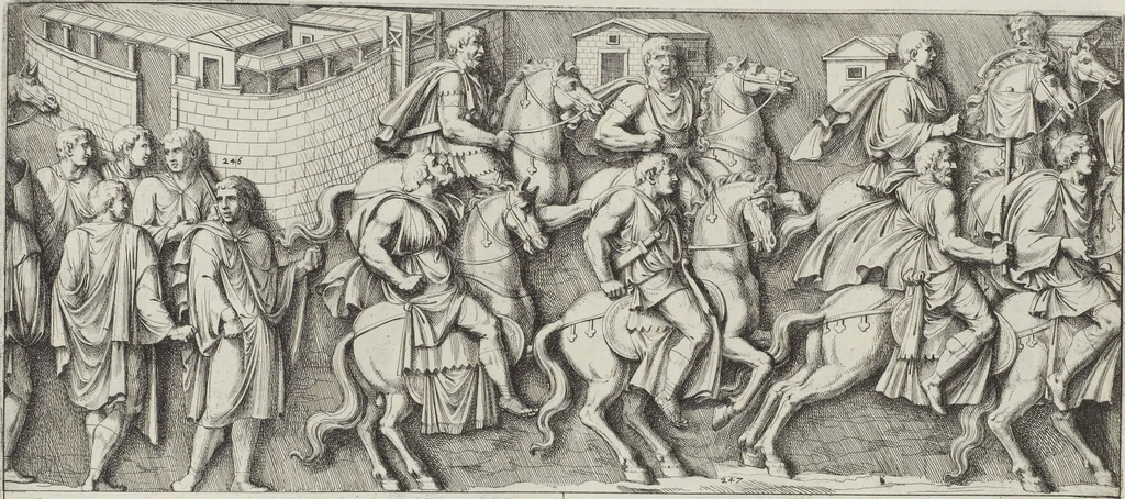 An illustration from Colonna Traiana eretta dal Senato, e popolo romano all'imperatore Traiano Avgvsto nel svo foro in Roma [electronic resource]: scolpita con l'historie della gverra dacica la prima e la seconda espeditione, e vittoria contro il re Decebalo, 1673, leaf 155