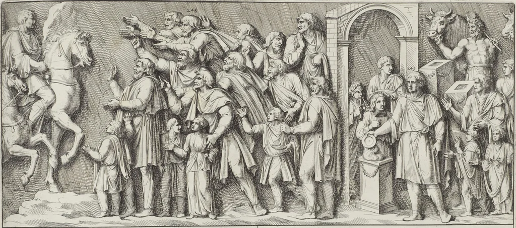 An illustration from Colonna Traiana eretta dal Senato, e popolo romano all'imperatore Traiano Avgvsto nel svo foro in Roma [electronic resource]: scolpita con l'historie della gverra dacica la prima e la seconda espeditione, e vittoria contro il re Decebalo, 1673, leaf 157