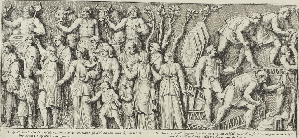 An illustration from Colonna Traiana eretta dal Senato, e popolo romano all'imperatore Traiano Avgvsto nel svo foro in Roma [electronic resource]: scolpita con l'historie della gverra dacica la prima e la seconda espeditione, e vittoria contro il re Decebalo, 1673, leaf 159