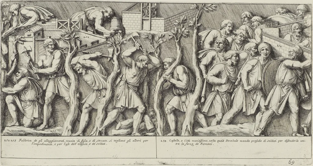 An illustration from Colonna Traiana eretta dal Senato, e popolo romano all'imperatore Traiano Avgvsto nel svo foro in Roma [electronic resource]: scolpita con l'historie della gverra dacica la prima e la seconda espeditione, e vittoria contro il re Decebalo, 1673, leaf 161