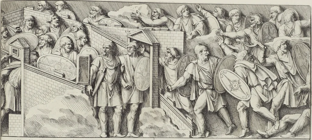 An illustration from Colonna Traiana eretta dal Senato, e popolo romano all'imperatore Traiano Avgvsto nel svo foro in Roma [electronic resource]: scolpita con l'historie della gverra dacica la prima e la seconda espeditione, e vittoria contro il re Decebalo, 1673, leaf 163