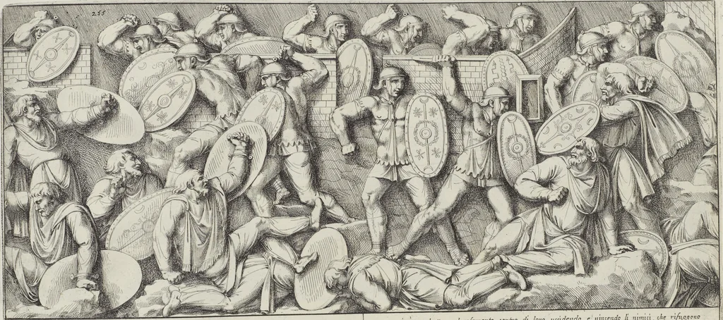 An illustration from Colonna Traiana eretta dal Senato, e popolo romano all'imperatore Traiano Avgvsto nel svo foro in Roma [electronic resource]: scolpita con l'historie della gverra dacica la prima e la seconda espeditione, e vittoria contro il re Decebalo, 1673, leaf 165