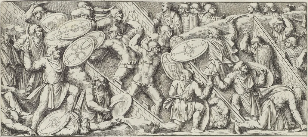 An illustration from Colonna Traiana eretta dal Senato, e popolo romano all'imperatore Traiano Avgvsto nel svo foro in Roma [electronic resource]: scolpita con l'historie della gverra dacica la prima e la seconda espeditione, e vittoria contro il re Decebalo, 1673, leaf 167
