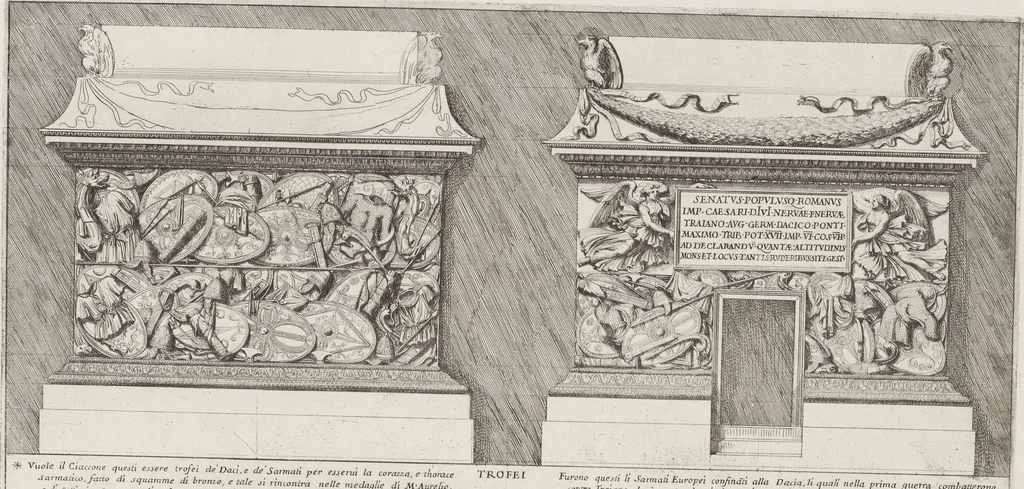 An illustration from Colonna Traiana eretta dal Senato, e popolo romano all'imperatore Traiano Avgvsto nel svo foro in Roma [electronic resource]: scolpita con l'historie della gverra dacica la prima e la seconda espeditione, e vittoria contro il re Decebalo, 1673, leaf 17