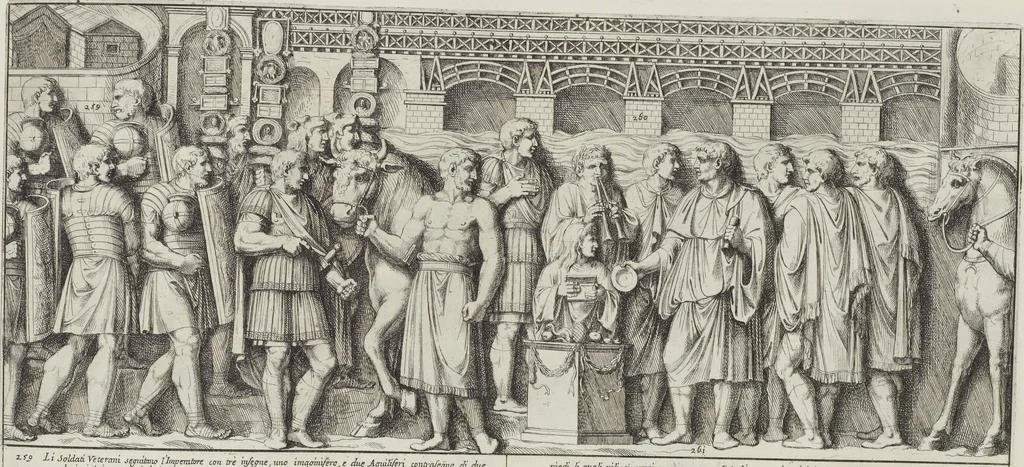An illustration from Colonna Traiana eretta dal Senato, e popolo romano all'imperatore Traiano Avgvsto nel svo foro in Roma [electronic resource]: scolpita con l'historie della gverra dacica la prima e la seconda espeditione, e vittoria contro il re Decebalo, 1673, leaf 171