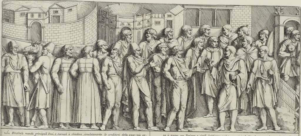An illustration from Colonna Traiana eretta dal Senato, e popolo romano all'imperatore Traiano Avgvsto nel svo foro in Roma [electronic resource]: scolpita con l'historie della gverra dacica la prima e la seconda espeditione, e vittoria contro il re Decebalo, 1673, leaf 173