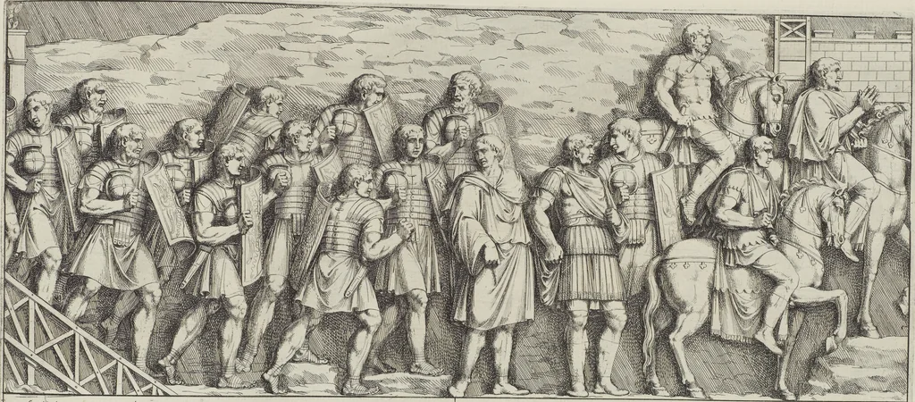 An illustration from Colonna Traiana eretta dal Senato, e popolo romano all'imperatore Traiano Avgvsto nel svo foro in Roma [electronic resource]: scolpita con l'historie della gverra dacica la prima e la seconda espeditione, e vittoria contro il re Decebalo, 1673, leaf 175