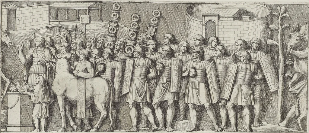 An illustration from Colonna Traiana eretta dal Senato, e popolo romano all'imperatore Traiano Avgvsto nel svo foro in Roma [electronic resource]: scolpita con l'historie della gverra dacica la prima e la seconda espeditione, e vittoria contro il re Decebalo, 1673, leaf 177