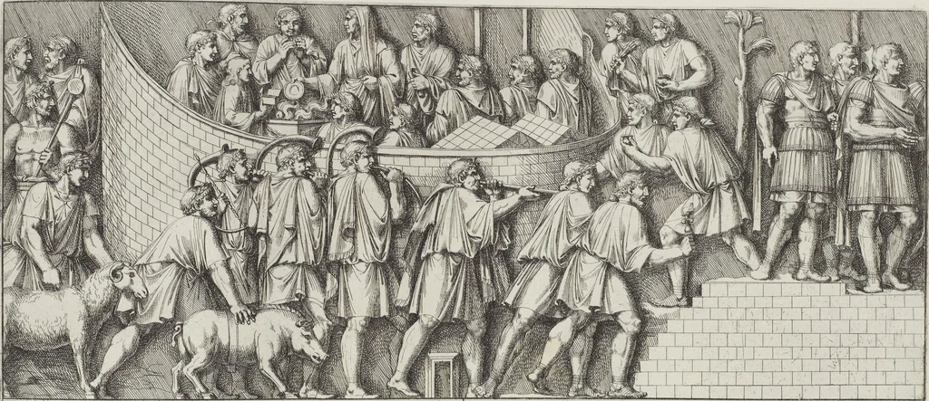 An illustration from Colonna Traiana eretta dal Senato, e popolo romano all'imperatore Traiano Avgvsto nel svo foro in Roma [electronic resource]: scolpita con l'historie della gverra dacica la prima e la seconda espeditione, e vittoria contro il re Decebalo, 1673, leaf 179