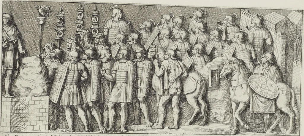 An illustration from Colonna Traiana eretta dal Senato, e popolo romano all'imperatore Traiano Avgvsto nel svo foro in Roma [electronic resource]: scolpita con l'historie della gverra dacica la prima e la seconda espeditione, e vittoria contro il re Decebalo, 1673, leaf 181