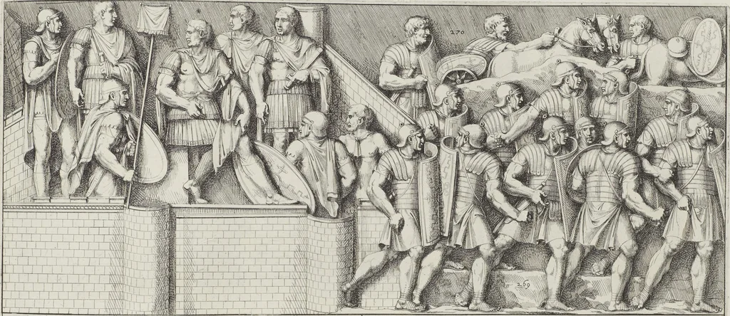 An illustration from Colonna Traiana eretta dal Senato, e popolo romano all'imperatore Traiano Avgvsto nel svo foro in Roma [electronic resource]: scolpita con l'historie della gverra dacica la prima e la seconda espeditione, e vittoria contro il re Decebalo, 1673, leaf 183